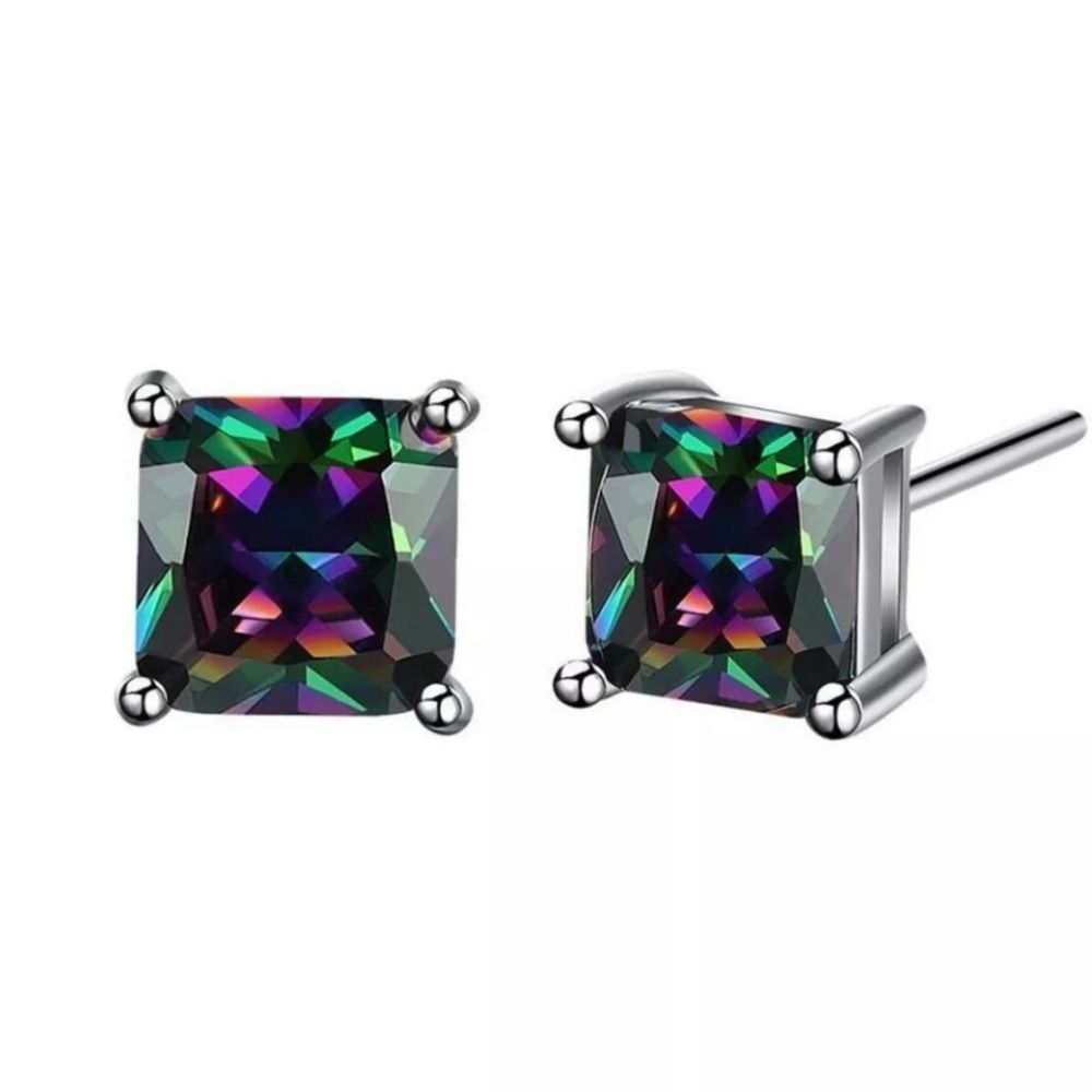 Mystic Topaz Cubic Zirconia 925 Sterling Princess Cut  Women Men Stud Earings